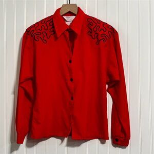 VTG Avon Fashions Shirt Women's‎ 9/10 Red Black Abstract Embroidered Western 80s